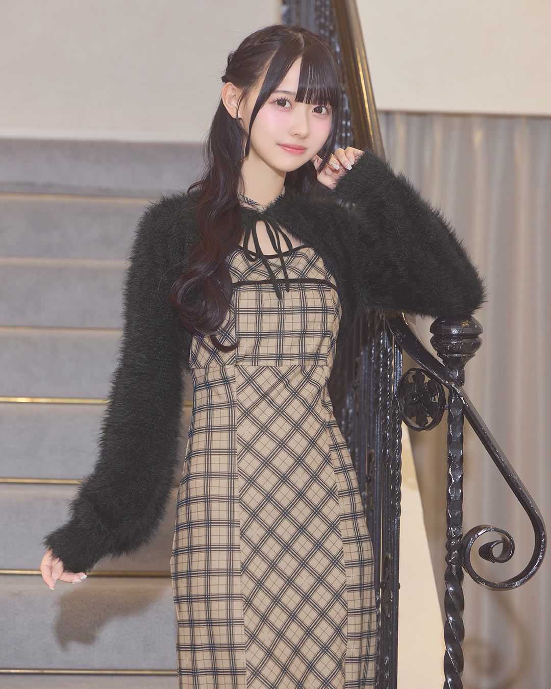 オリジナルチェック柄アンサンブルロングワンピ ベージュ