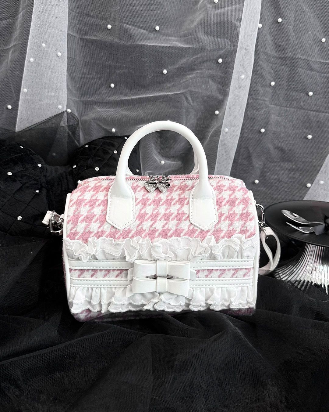 千鳥リボンボストンバッグ ブラック×ブラック | ファッション通販