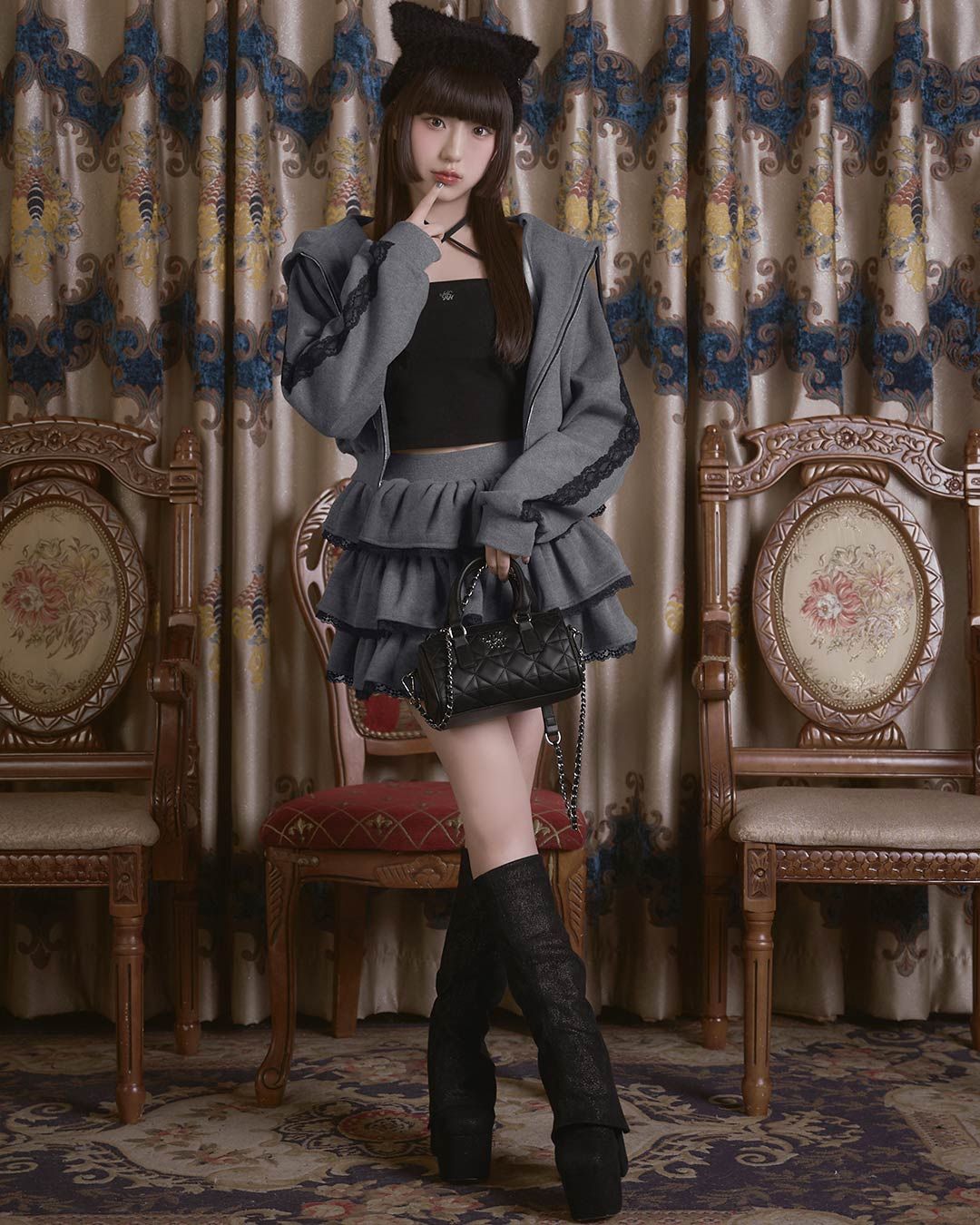 michelMacaron レースティアードセットアップ チャコールグレー michellMacaron レースティアードセットアップ チャコールグレー