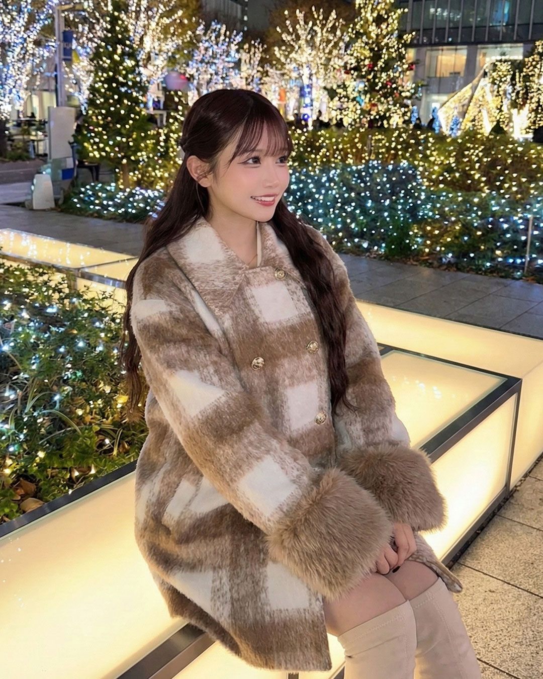 ビッグチェックトレンチファーコート ベージュ | ファッション通販