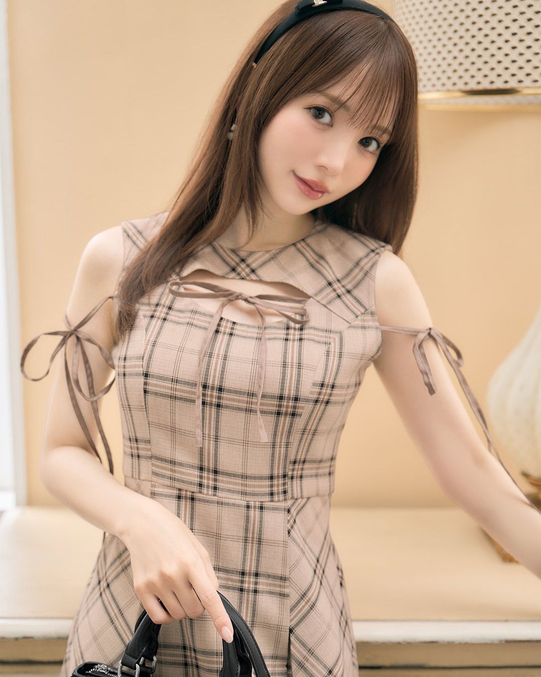新品未開封　フロントオープンチェックミニワンピ　ミシェルマカロンFREEベージュ フロントオープンチェックミニワンピ ベージュ | ファッション