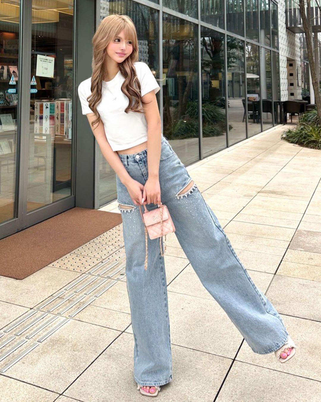サイドカットビジューデニムパンツ ブルー | ファッション通販
