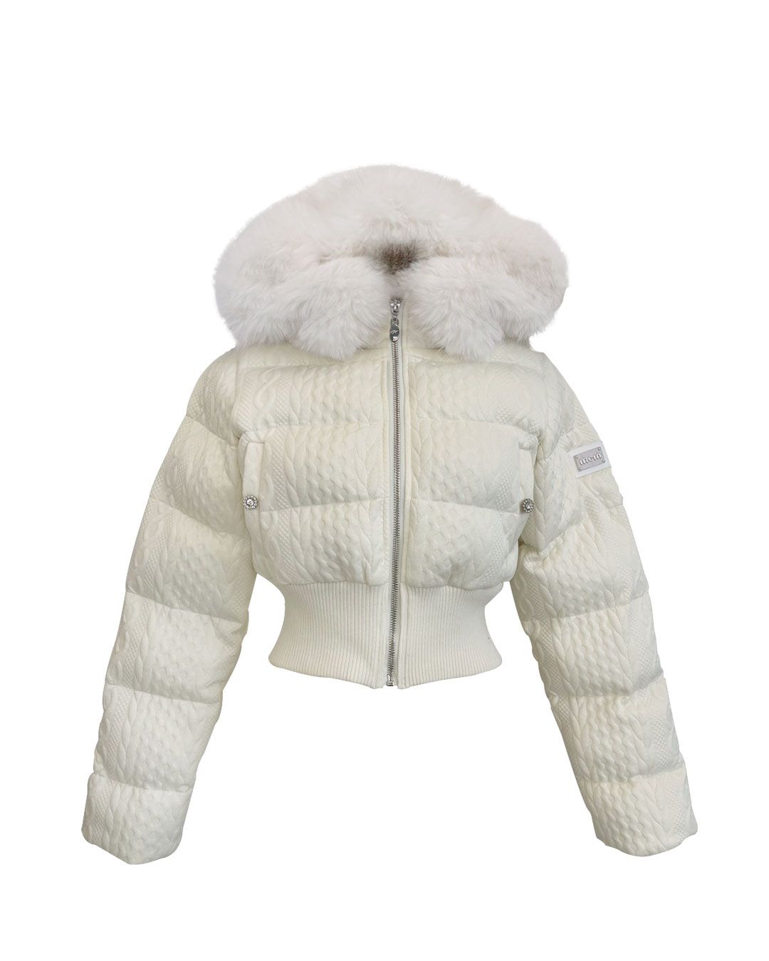 ファーフードケーブル柄ショートダウン ベージュ | ファッション通販