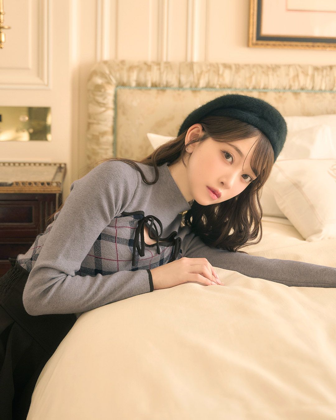 デコルテオープンチェックニットトップス グレー | ファッション通販