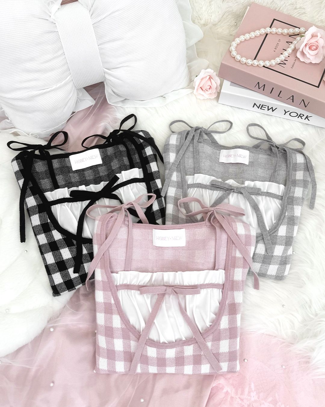 ストラップリボンギンガムチェックトップス ピンク | ファッション通販