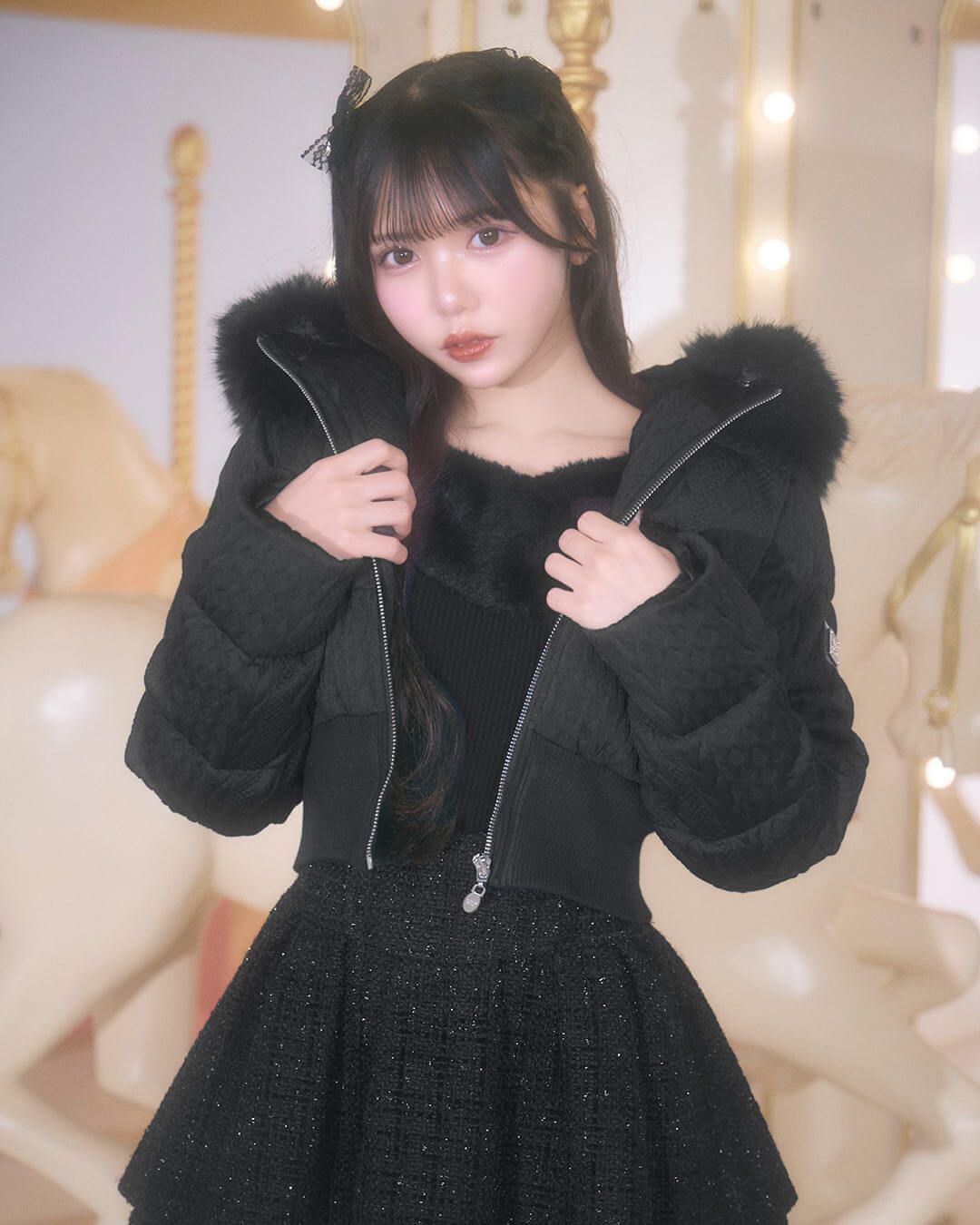 ミシェルマカロン ファーフードケーブル柄 ショートダウン ミシェルマカロン ファーフードケーブル柄ショートダウン フリーサイズ