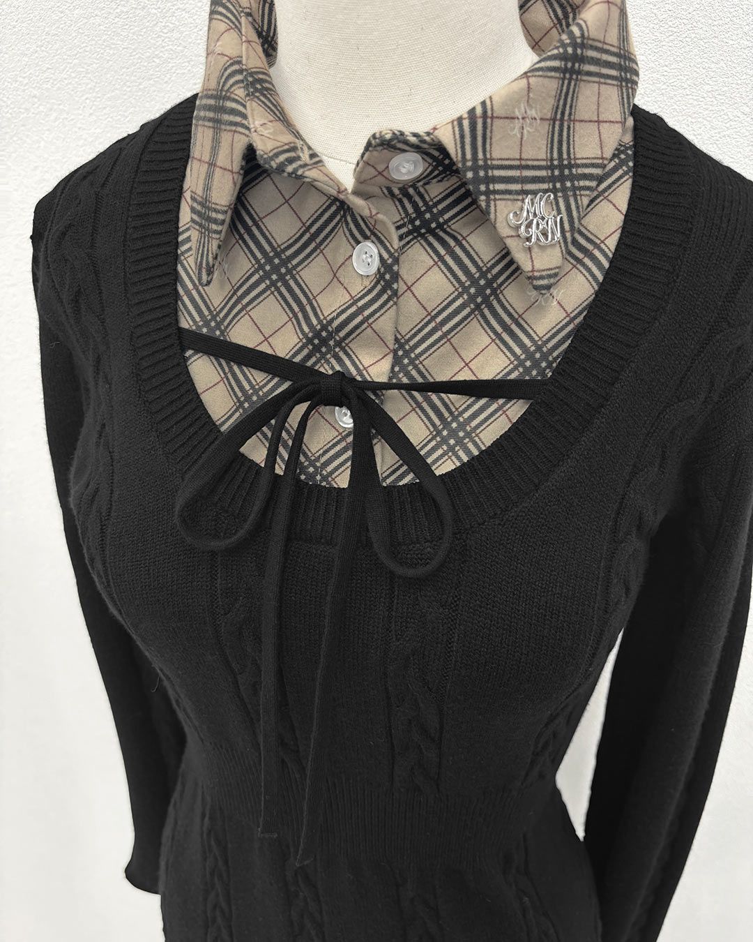 シャツレイヤード風ニットワンピース ブラック | ファッション通販