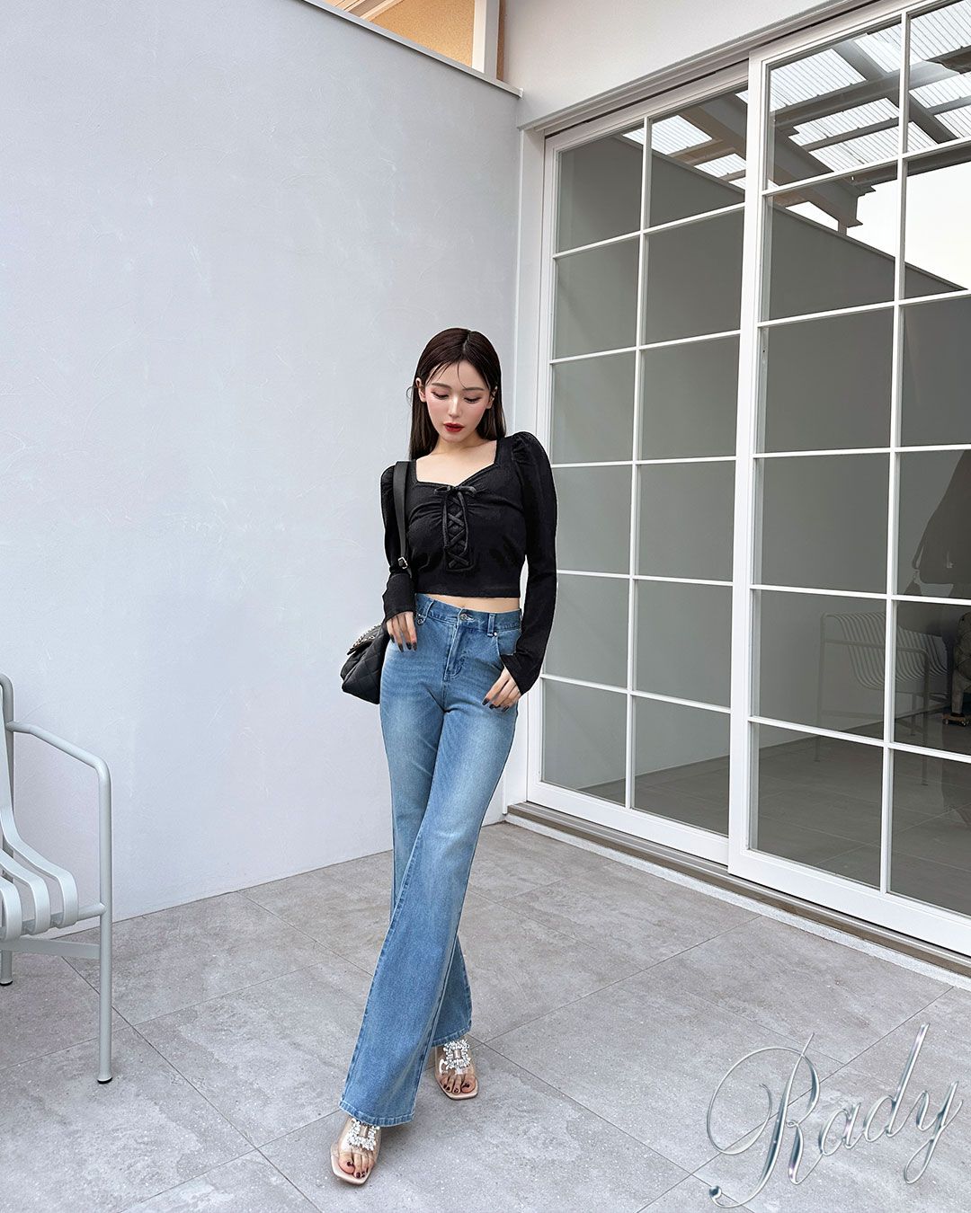 レースアップニットトップス ブラック | ファッション通販