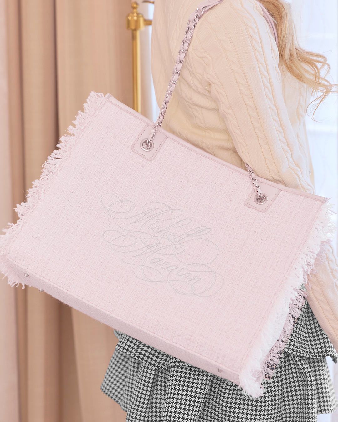フリンジツイードトートバッグL ピンク | ファッション通販＆メディア