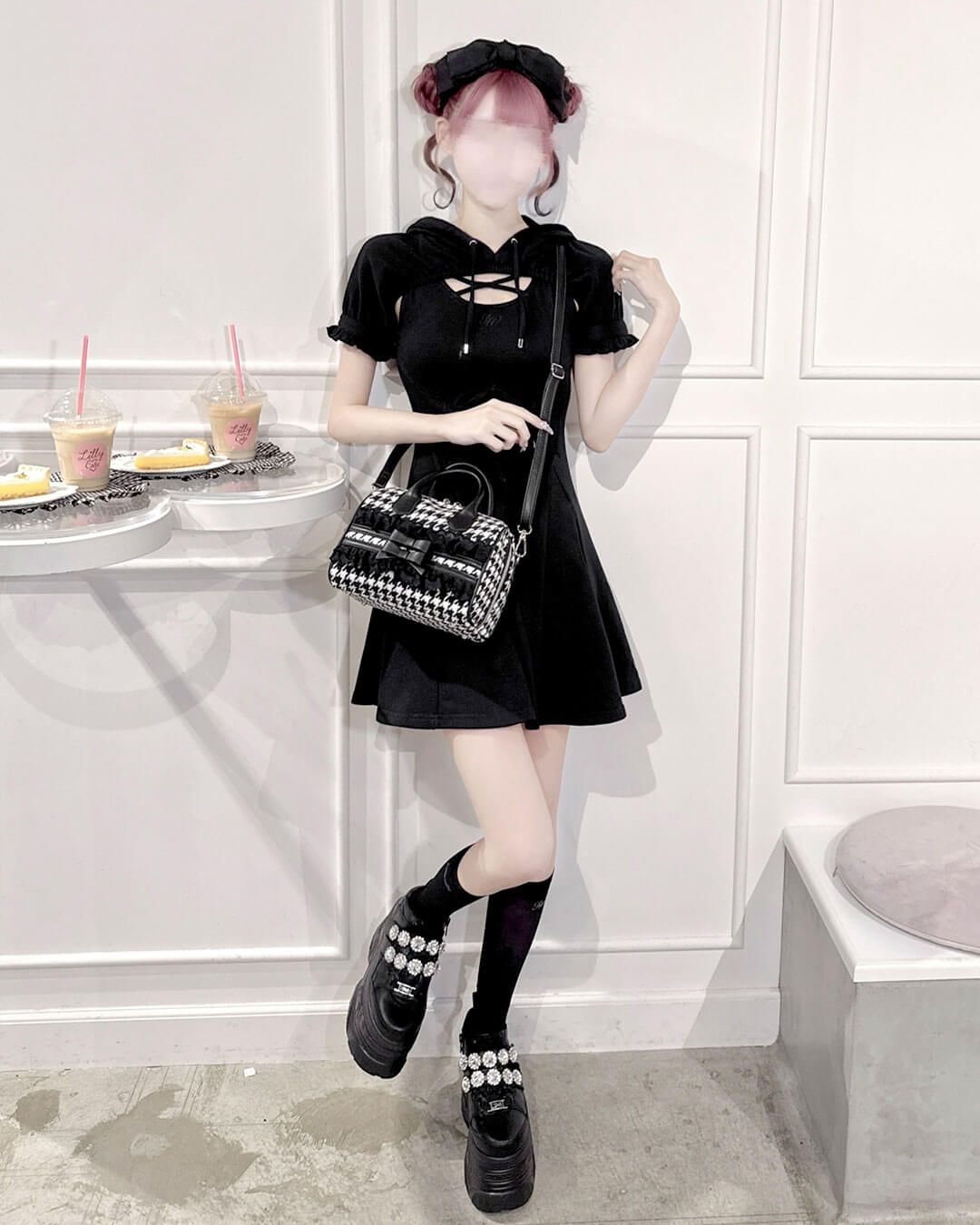 ハニーミュウ　千鳥リボンボストンバッグ　SJS0098M　ブラック 千鳥リボンボストンバッグ ブラック×ブラック | ファッション通販