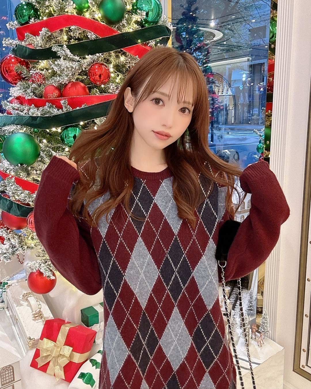 アーガイルニットワンピース ボルドー | ファッション通販