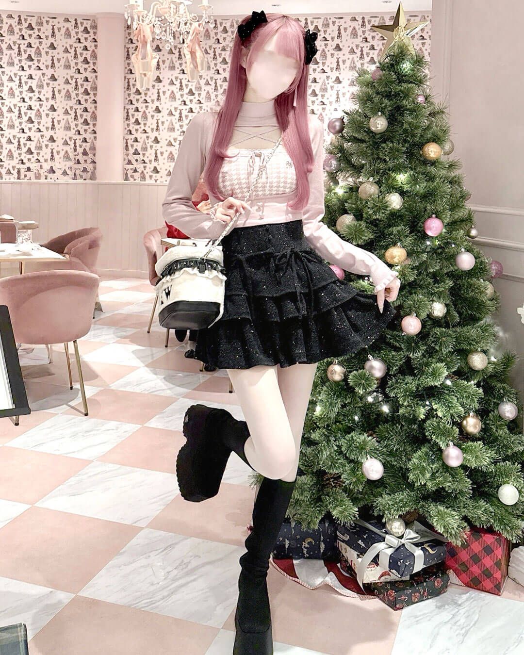 HONEYMEW風 千鳥柄ハイネックアンサンブルトップス ブラック XS 千鳥柄ハイネックアンサンブルトップス ブラック | ファッション通販