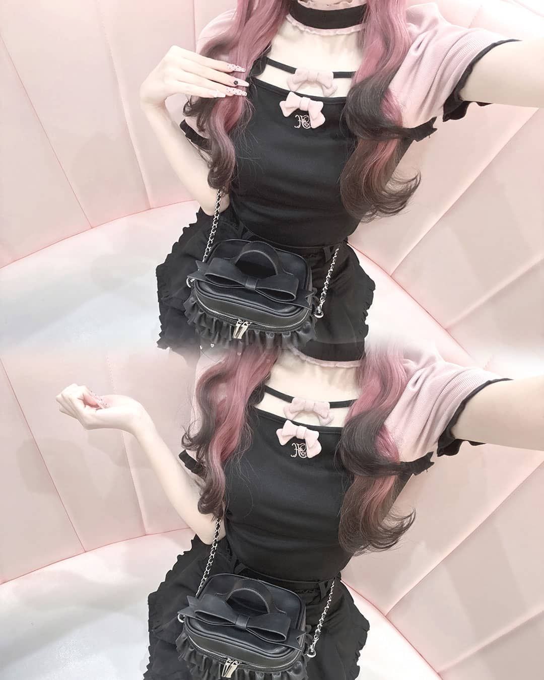 チョーカー付きダブルリボントップス ブラック×ピンク | ファッション