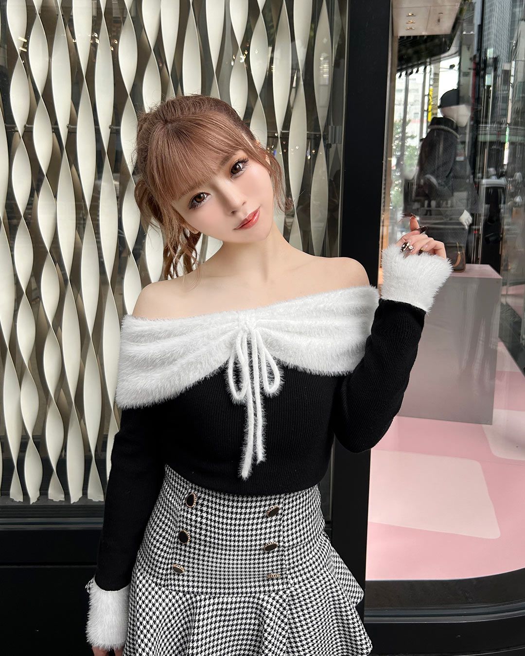 オフショルリボンシャギーニットトップス ブラック | ファッション通販