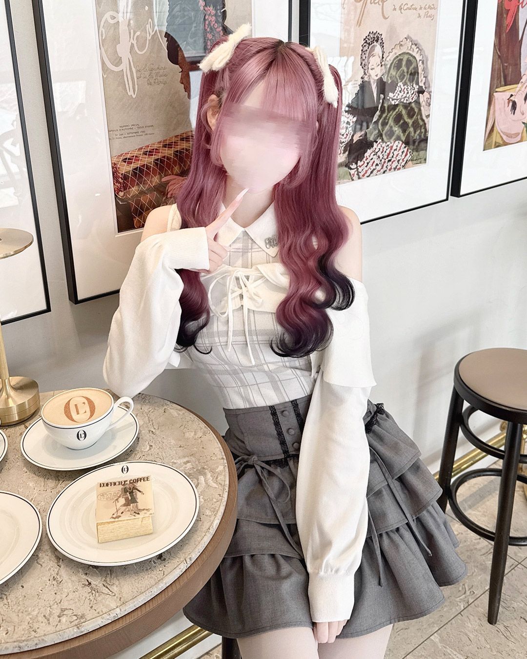 HONEYMEW オフショルボレロチェックアンサンブルワンピース XSサイズ オフショルボレロチェックアンサンブルトップス ホワイト