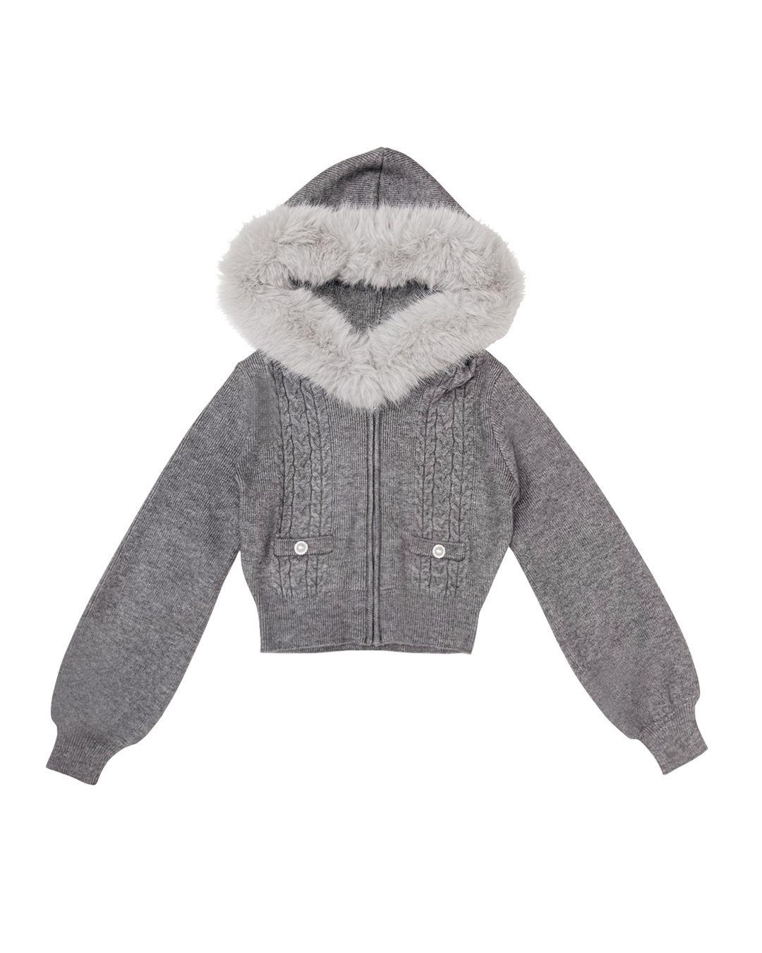 ファーフードケーブルニットジップトップス ファーフードケーブルニットジップトップス グレー | ファッション通販