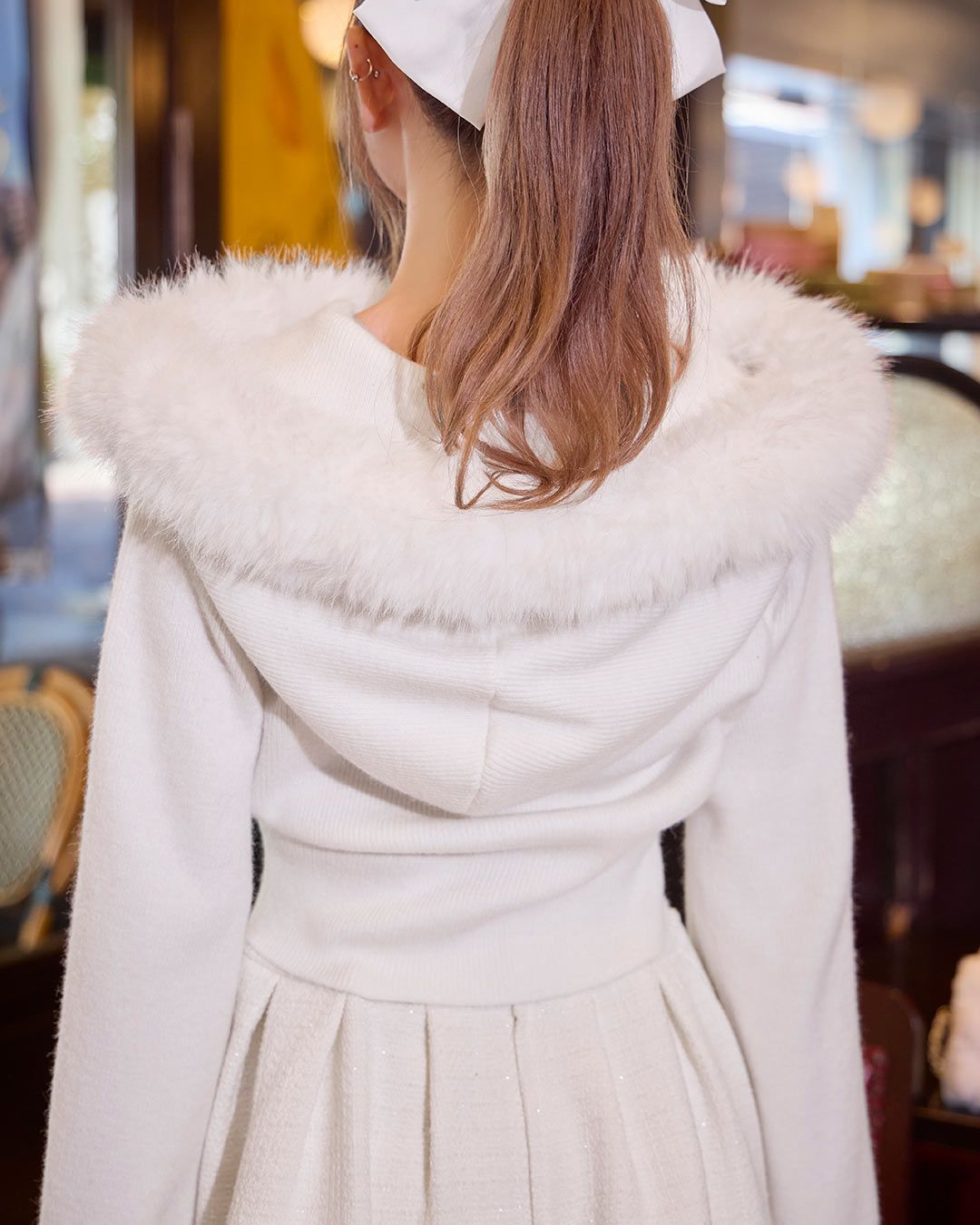 ファーフードケーブルニットジップトップス グレー | ファッション通販