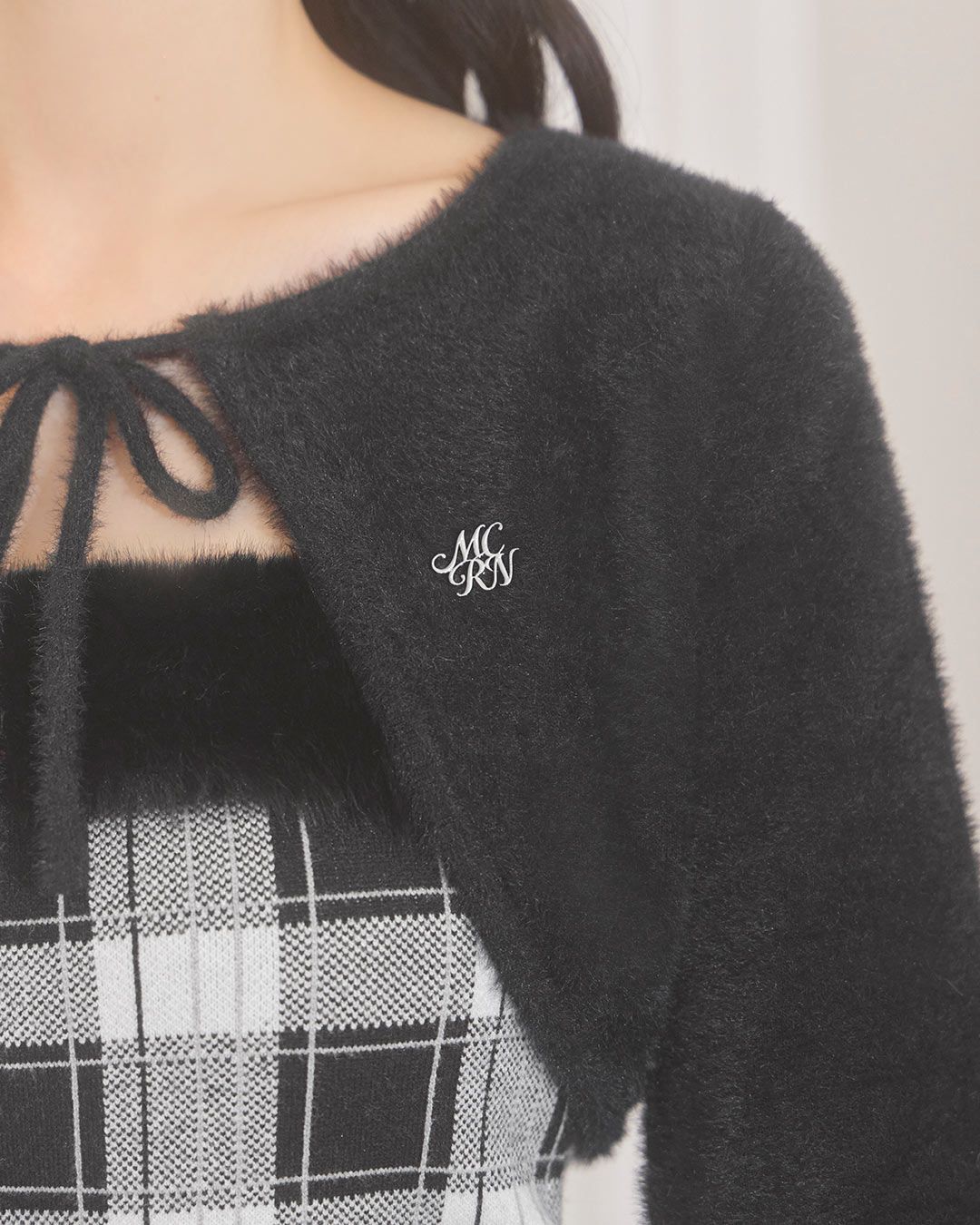 シャギーボレロチェックファートップス ブラック | ファッション通販