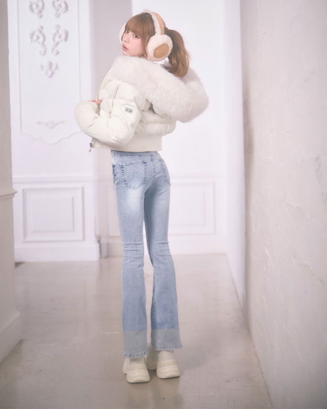 ファーフードケーブル柄ショートダウン ベージュ | ファッション通販