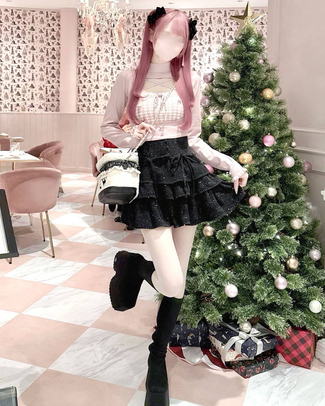 千鳥柄ハイネックアンサンブルトップス ブラック | ファッション通販