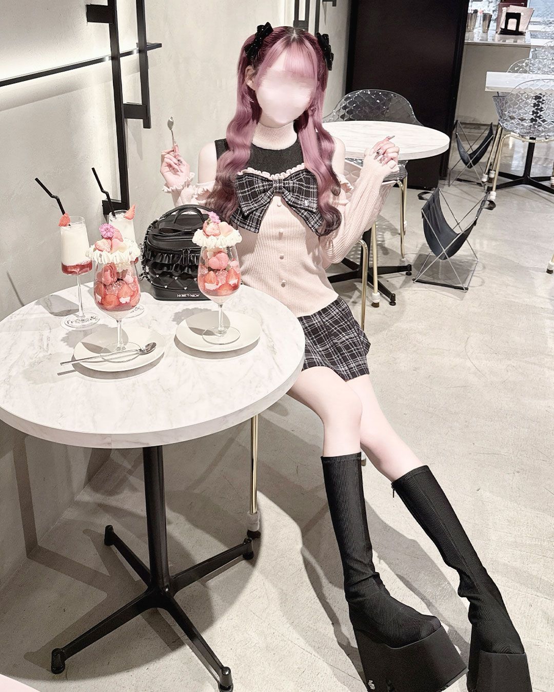 チェックリボン肩空きプリーツワンピース ピンク | ファッション通販