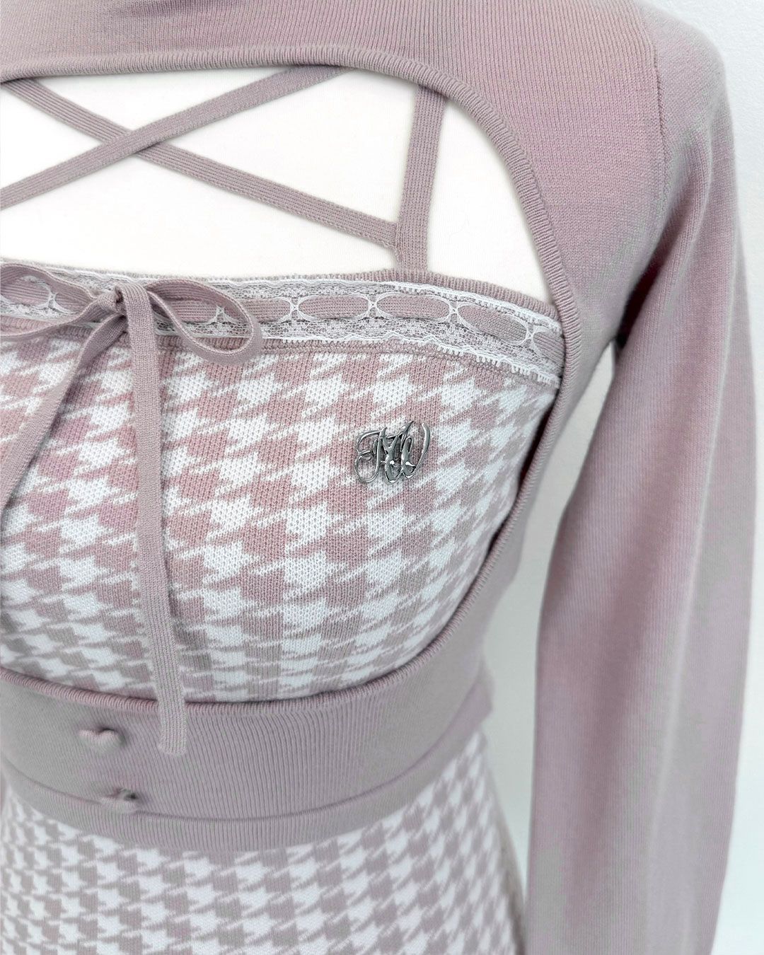 千鳥柄ハイネックアンサンブルトップス ブラック | ファッション通販