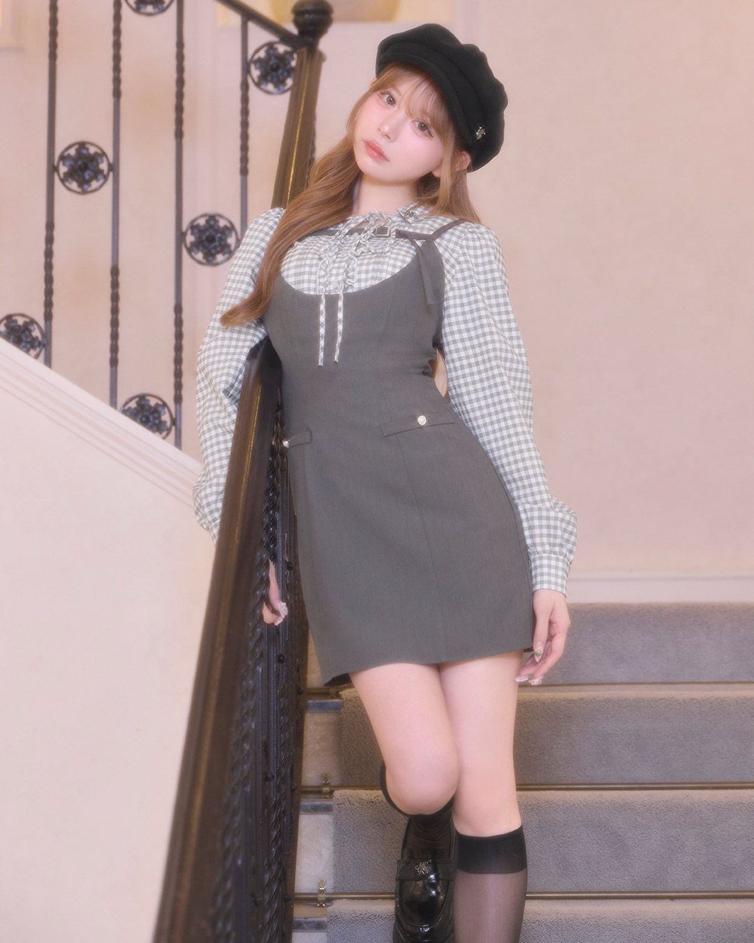michellMacaron チェックリボンシャツジャンスカセット Fサイズ チェックリボンシャツジャンスカセット ミシェルマカロン グレー F