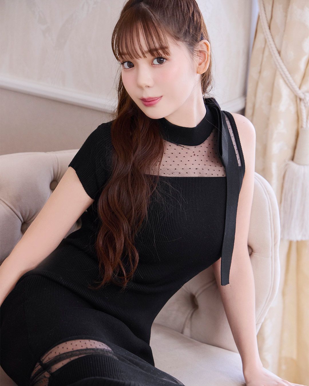 アシンメトリーリボンニットワンピース ブラック | ファッション