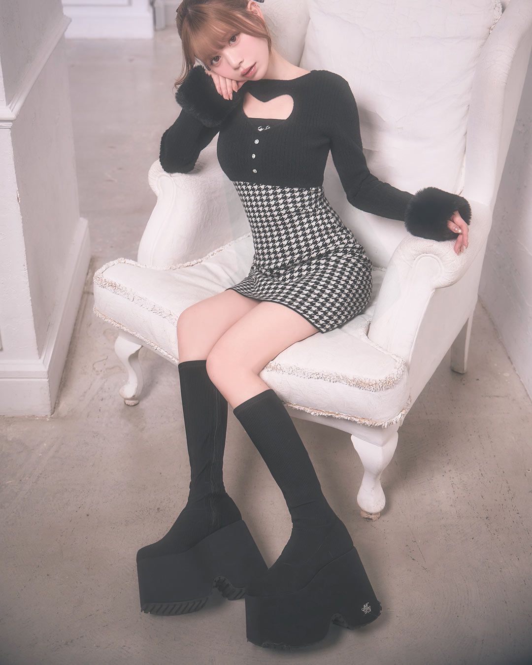 ハートカットニットワンピース ブラック×ホワイト | ファッション通販