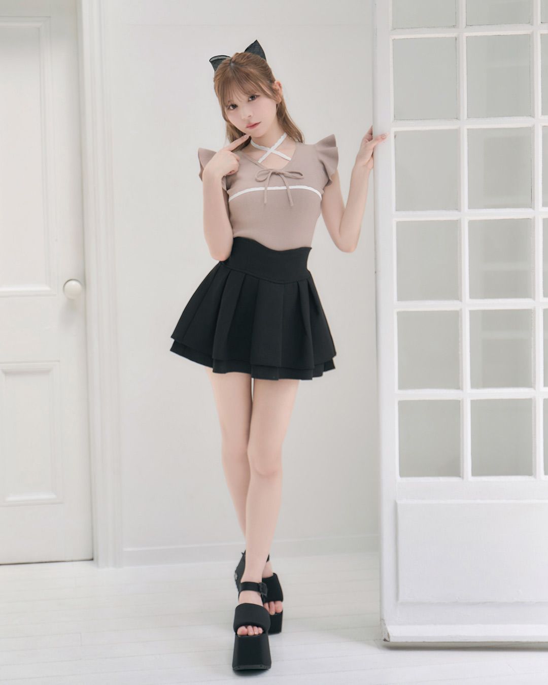 ノースリーブフリルニットトップス ピンクベージュ | ファッション通販