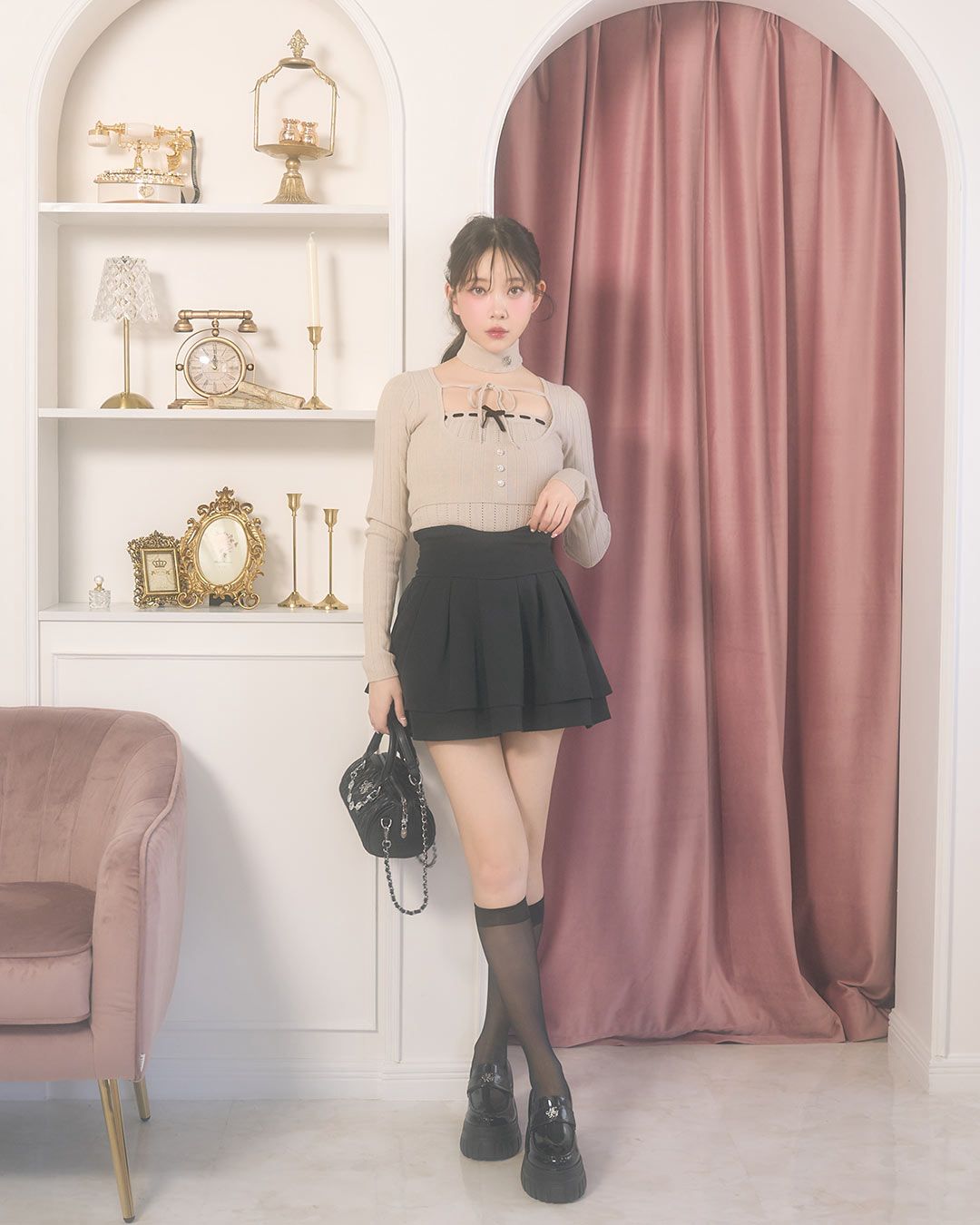 ミシェルマカロン リボンリブニットトップス フリー ピンク リボンキャミアンサンブルニットトップス ピンク | ファッション通販