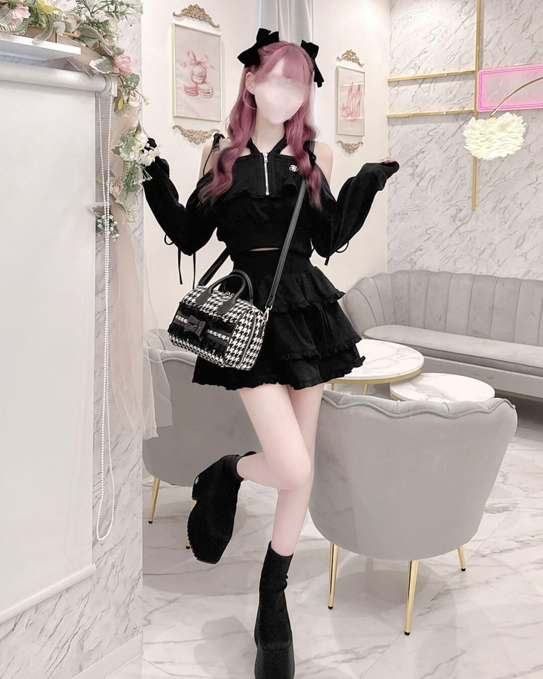 ハニーミュウ　千鳥リボンボストンバッグ　SJS0098M　ブラック 千鳥リボンボストンバッグ ブラック×ブラック | ファッション通販