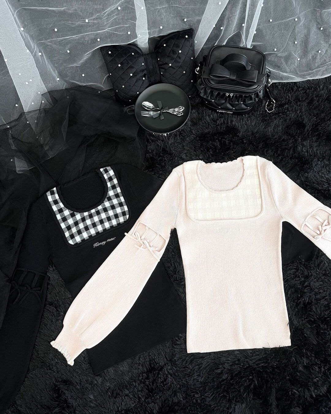 アームリボンスリットギンガムトップス ピンク | ファッション通販