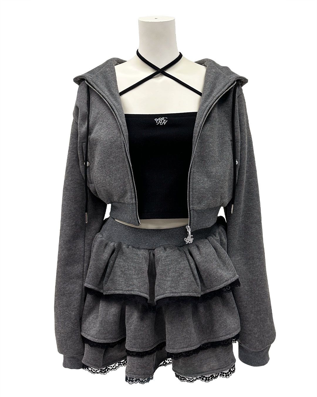 michelMacaron レースティアードセットアップ チャコールグレー レースティアードセットアップ3点セット チャコールグレー