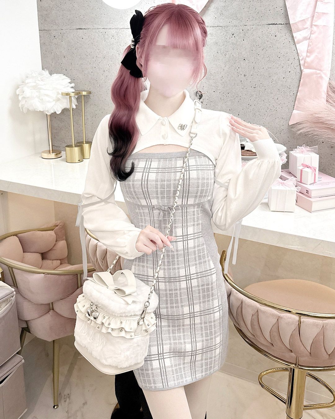 襟付きボレロチェックアンサンブルワンピース ブラック | ファッション