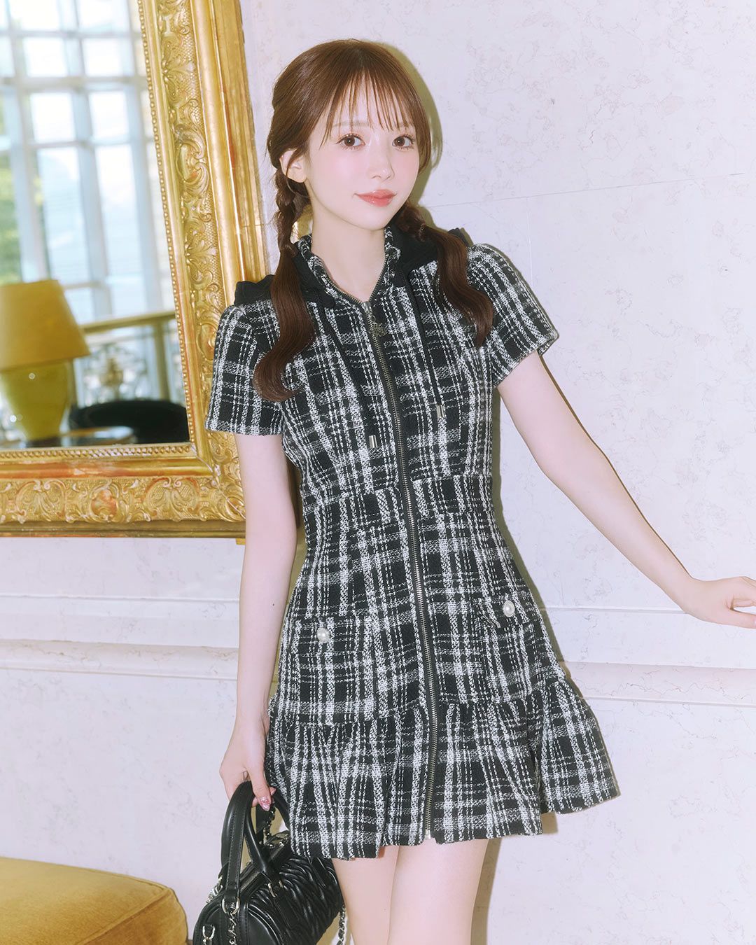 michellMacaron フード付きツイードジップワンピース フード付きツイードジップワンピース ブラック | ファッション通販