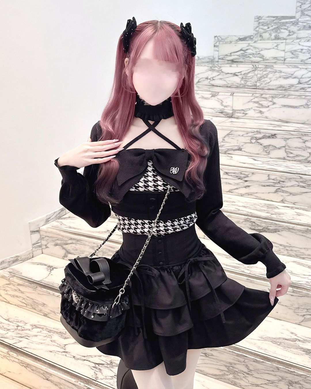 チョーカー付きビッグリボンアンサンブルトップス サックスブルー