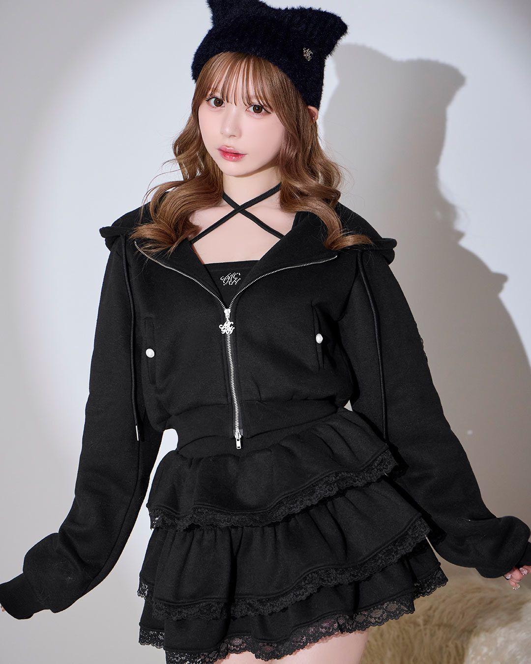 michelMacaron レースティアードセットアップ チャコールグレー レースティアードセットアップ3点セット チャコールグレー