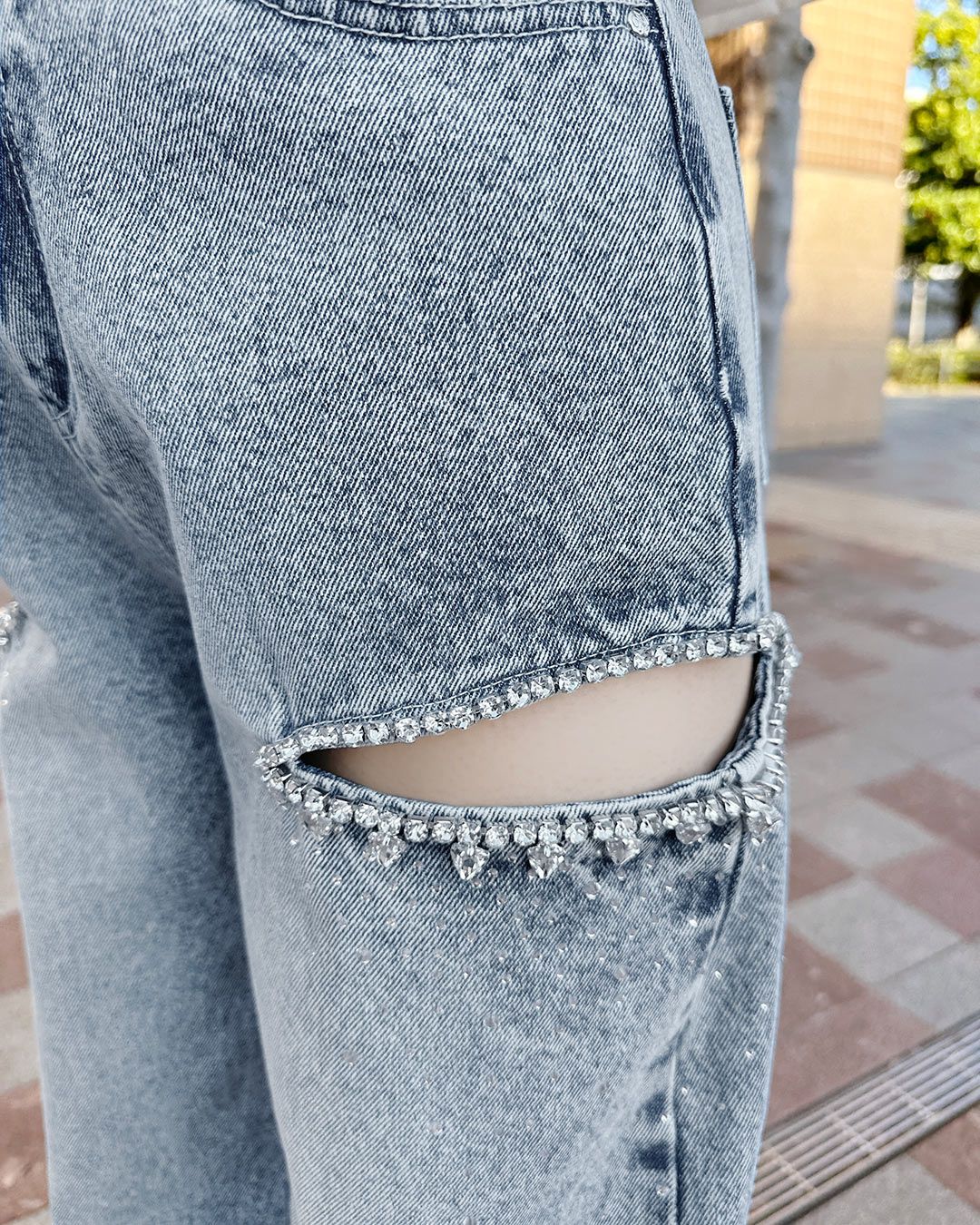 サイドカットビジューデニムパンツ ブルー | ファッション通販