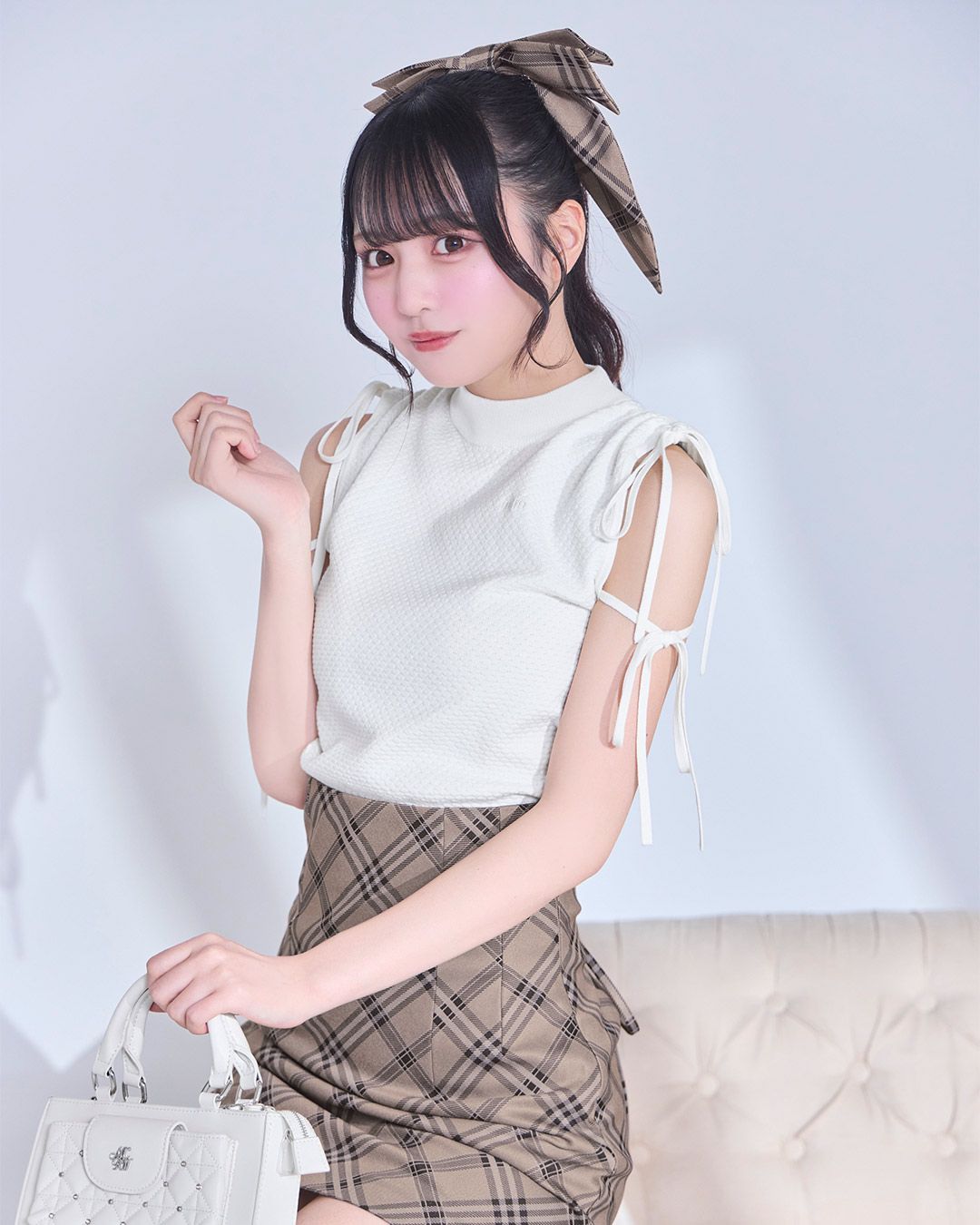 チェックくびれ♡美脚スカート＆ヘアアクセセット ベージュ