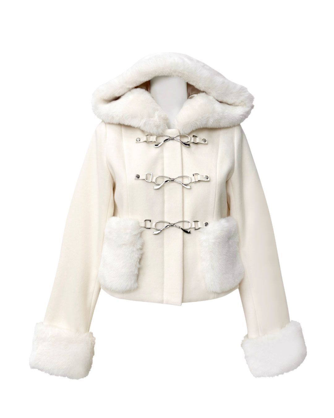 リボンビットフードショートコート ホワイト | ファッション通販