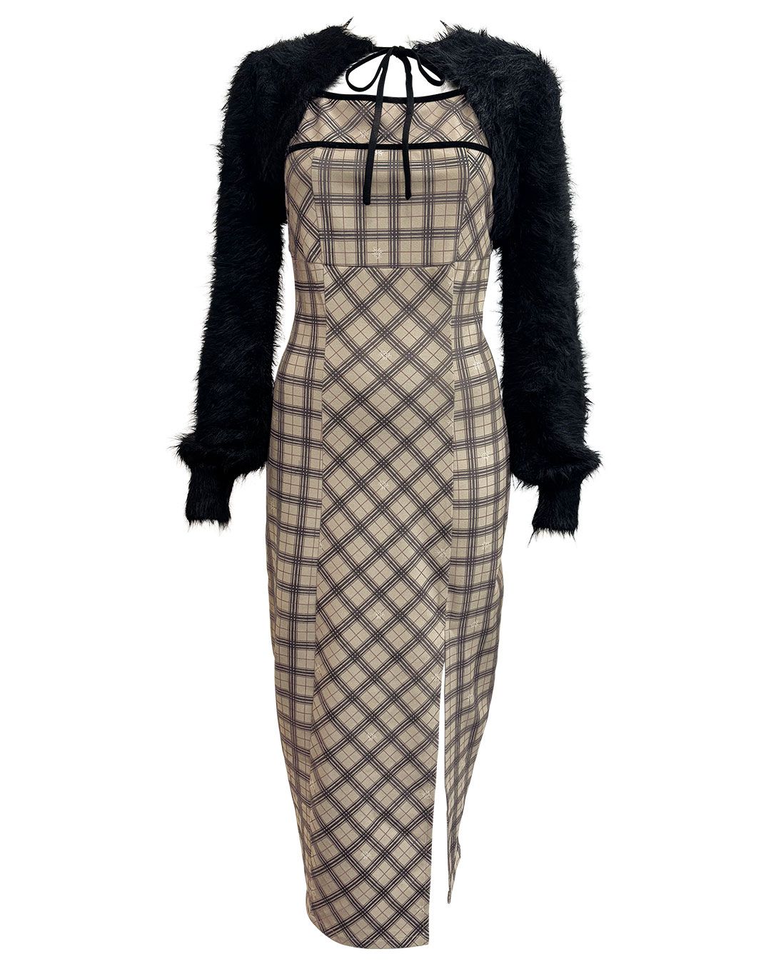 オリジナルチェック柄アンサンブルロングワンピ ベージュ