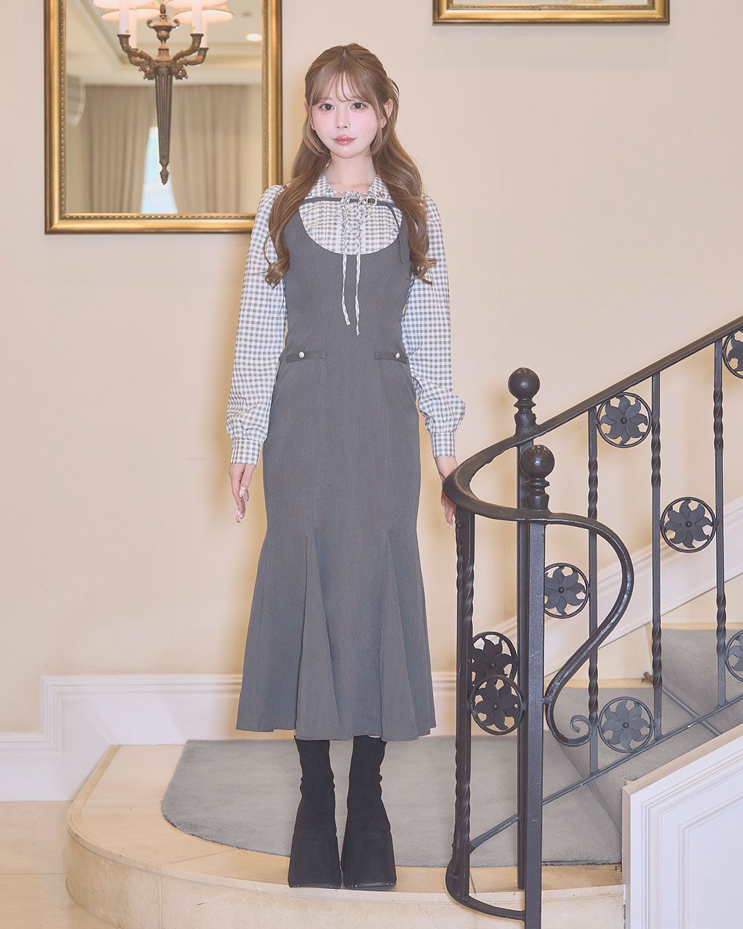 チェックフリルシャツロングジャンスカセット ブラック | ファッション
