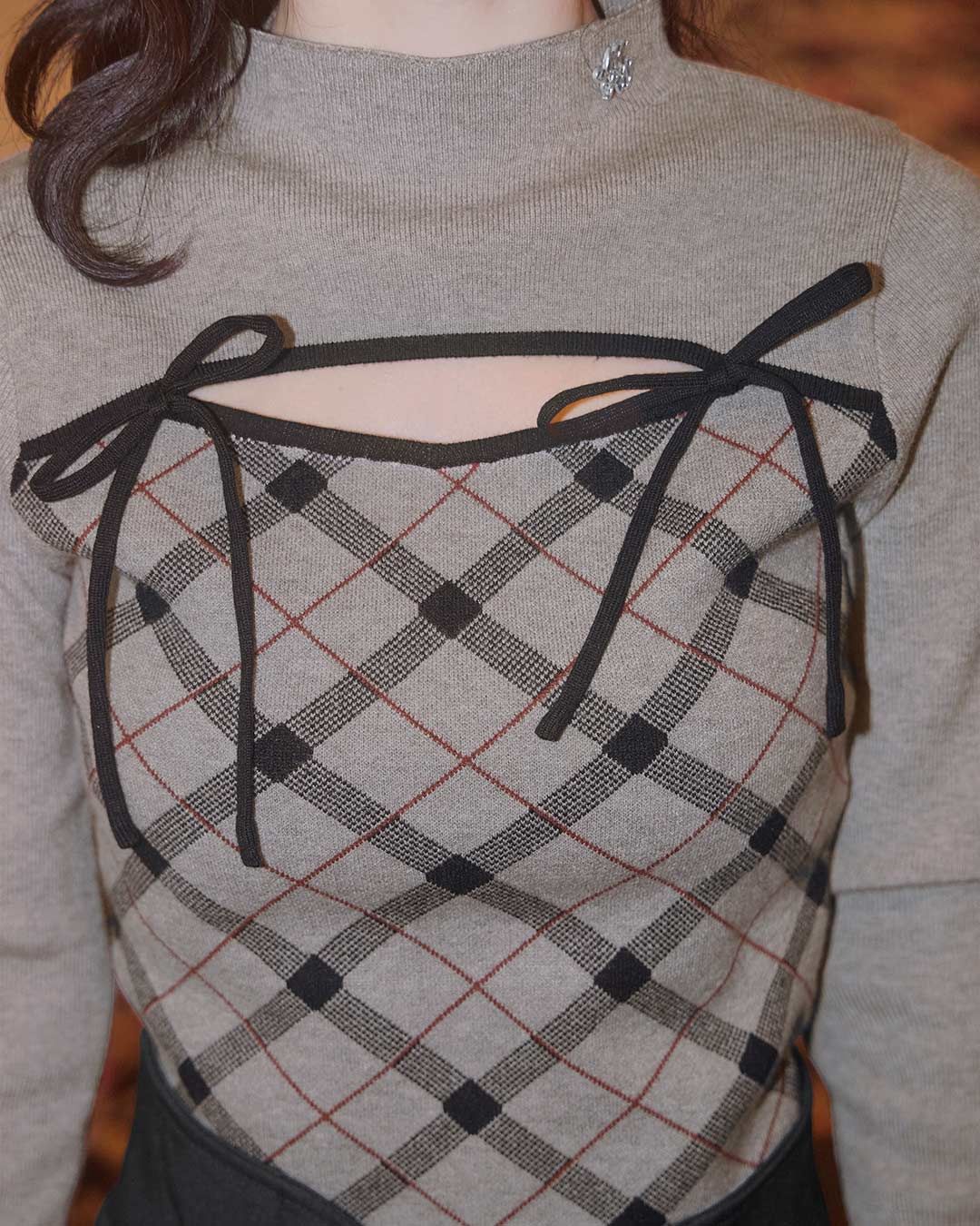 デコルテオープンチェックニットトップス グレー | ファッション通販