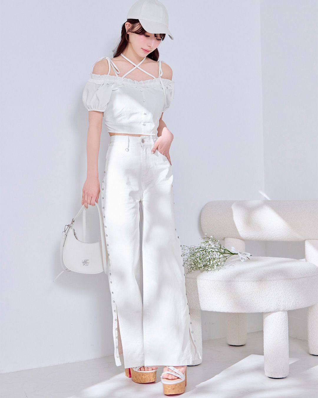 サイドビジューワイドデニムパンツ ホワイト | ファッション通販