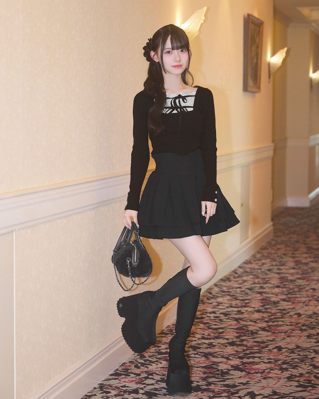 フリルリボンリブトップス ブラウン | ファッション通販