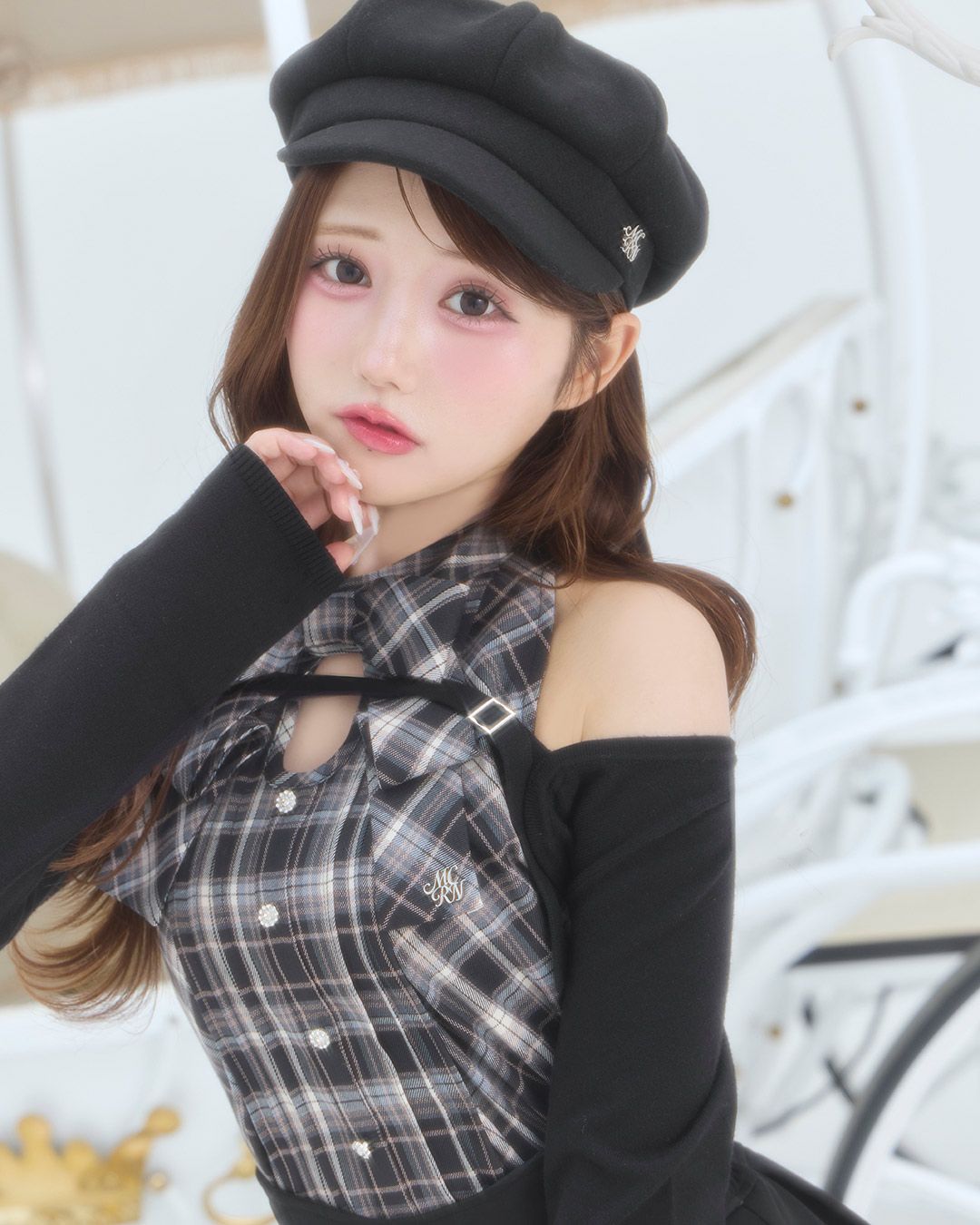 フロントリボンアンサンブルチェックトップス ブラック | ファッション