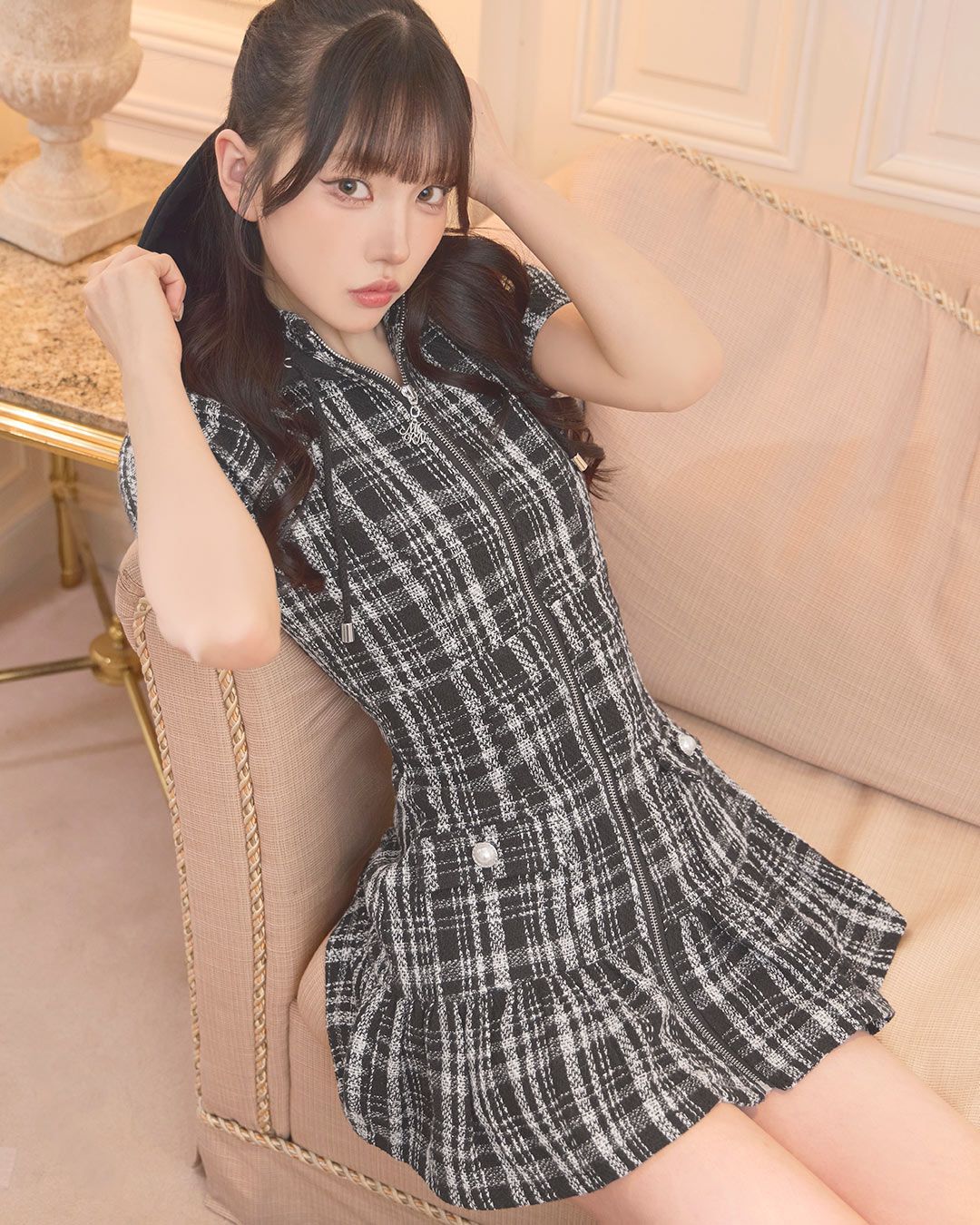 michellMacaron フード付きツイードジップワンピース フード付きツイードジップワンピース ブラック | ファッション通販