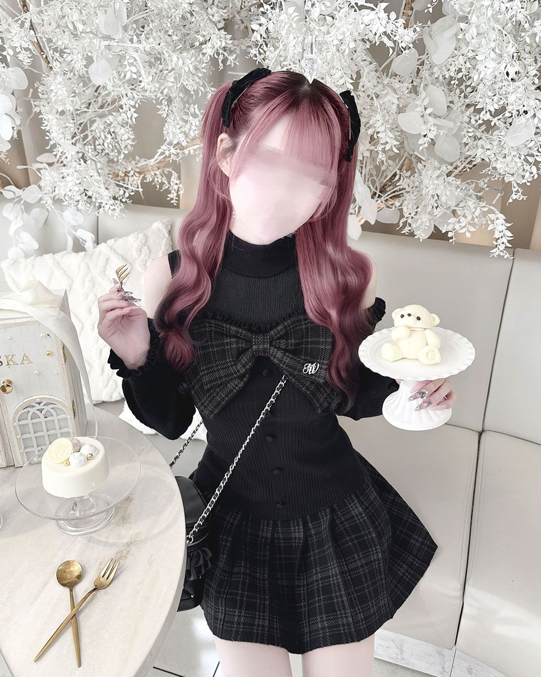 チェックリボン肩空きプリーツワンピース ピンク | ファッション通販