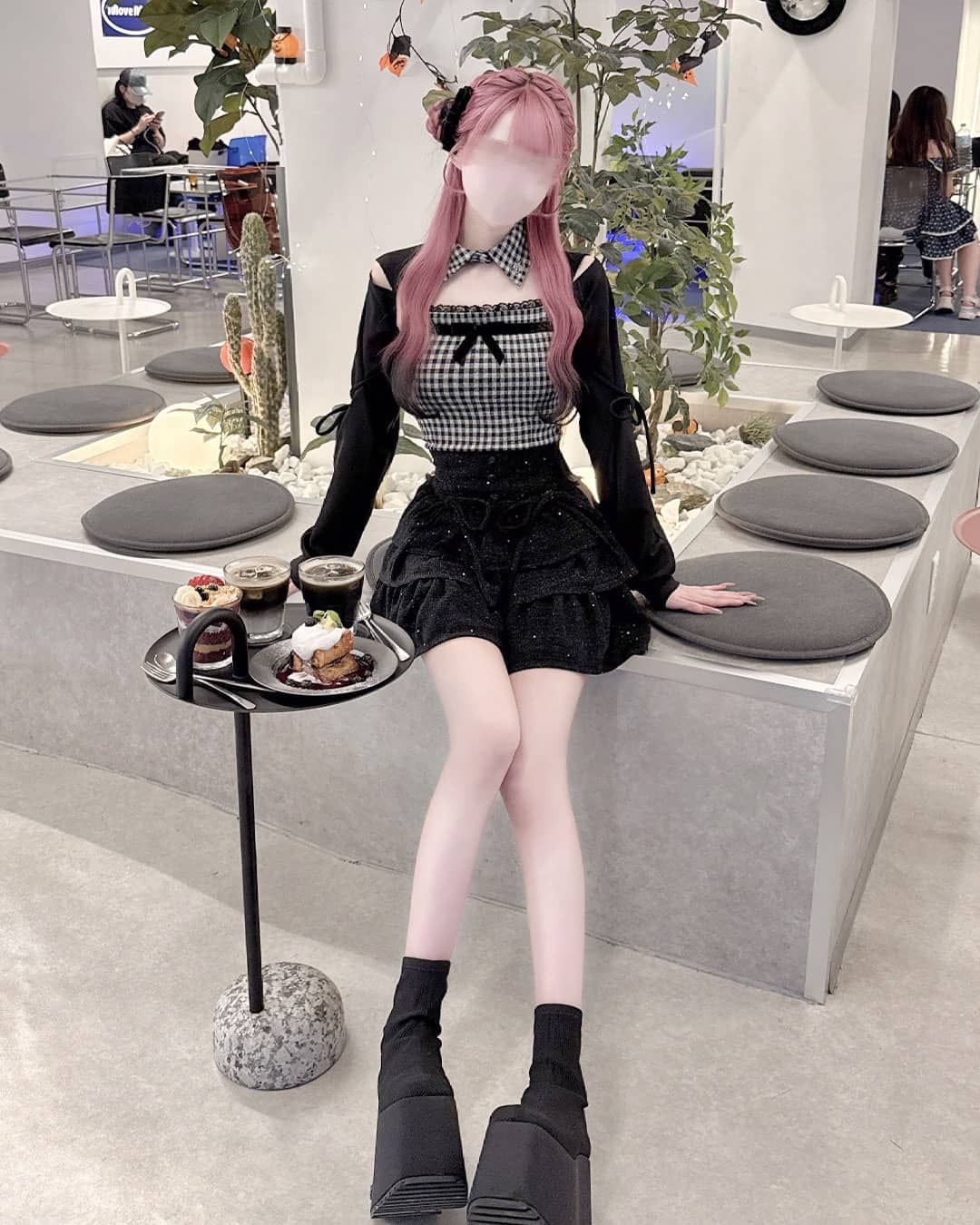 リボンスリットギンガムアンサンブルトップス ブラック | ファッション